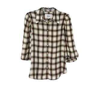 PISTOLA Ariella Plaid Button Up Puff 3/4 Sleeve Shirt Large Defined Shoulder Tan